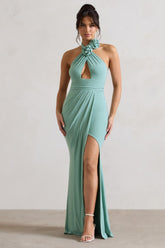 Sage Halter-Neck Cut-Out Split Maxi Dress With Flowers